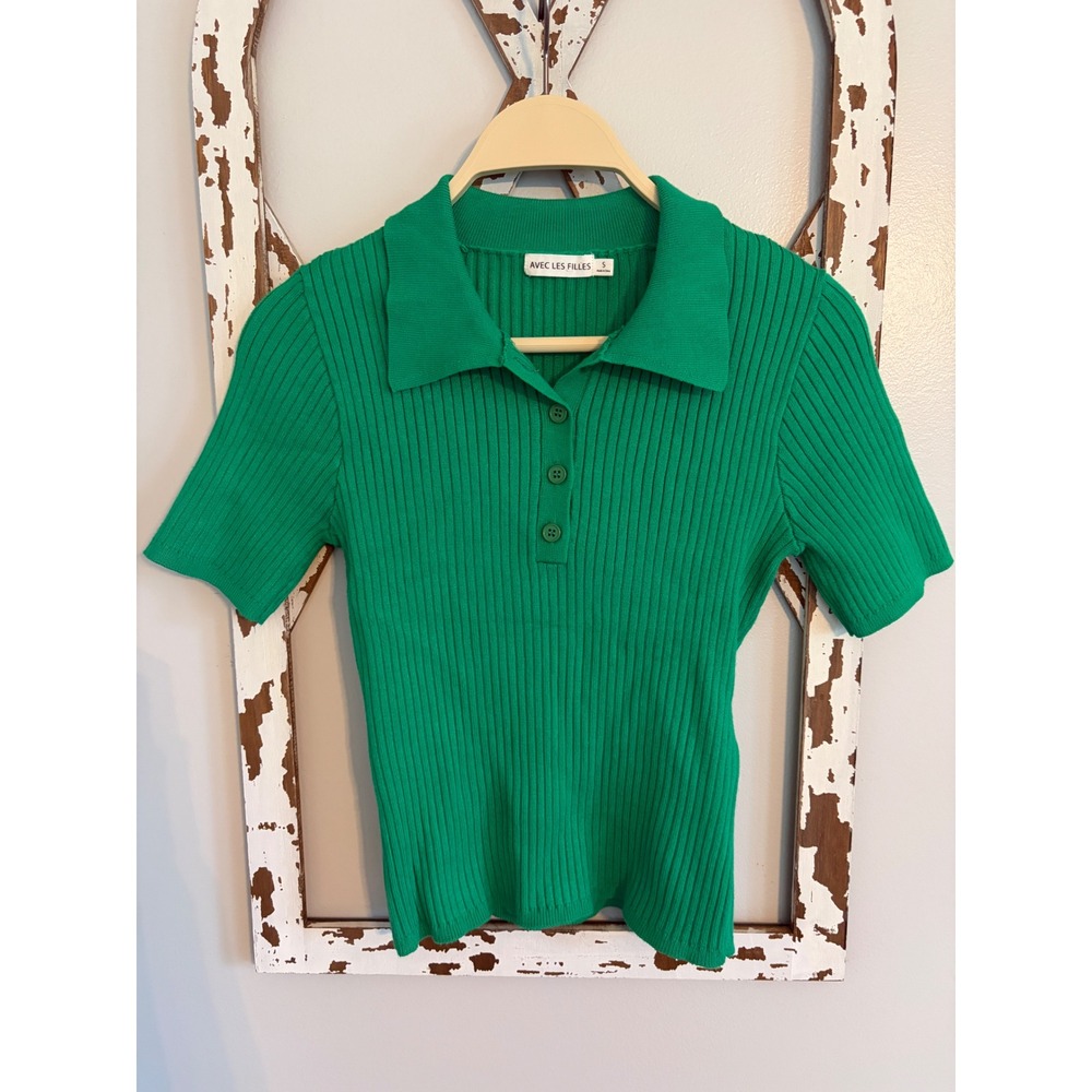 Avec Les Filles Green Ribbed Knit Polo Collared Women's Size Small